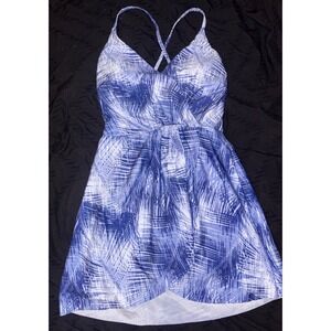 Nicole Miller Blue Abstract Palm Print Faux Wrap One Piece Swimdress Swimsuit, S